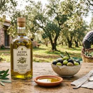 Olive oil bottle labeled “ALTIN DAMLA,” “NATÜREL SIZMA ZEYTİNYAĞI,” and “COLD PRESSED,” beside olives and oil.